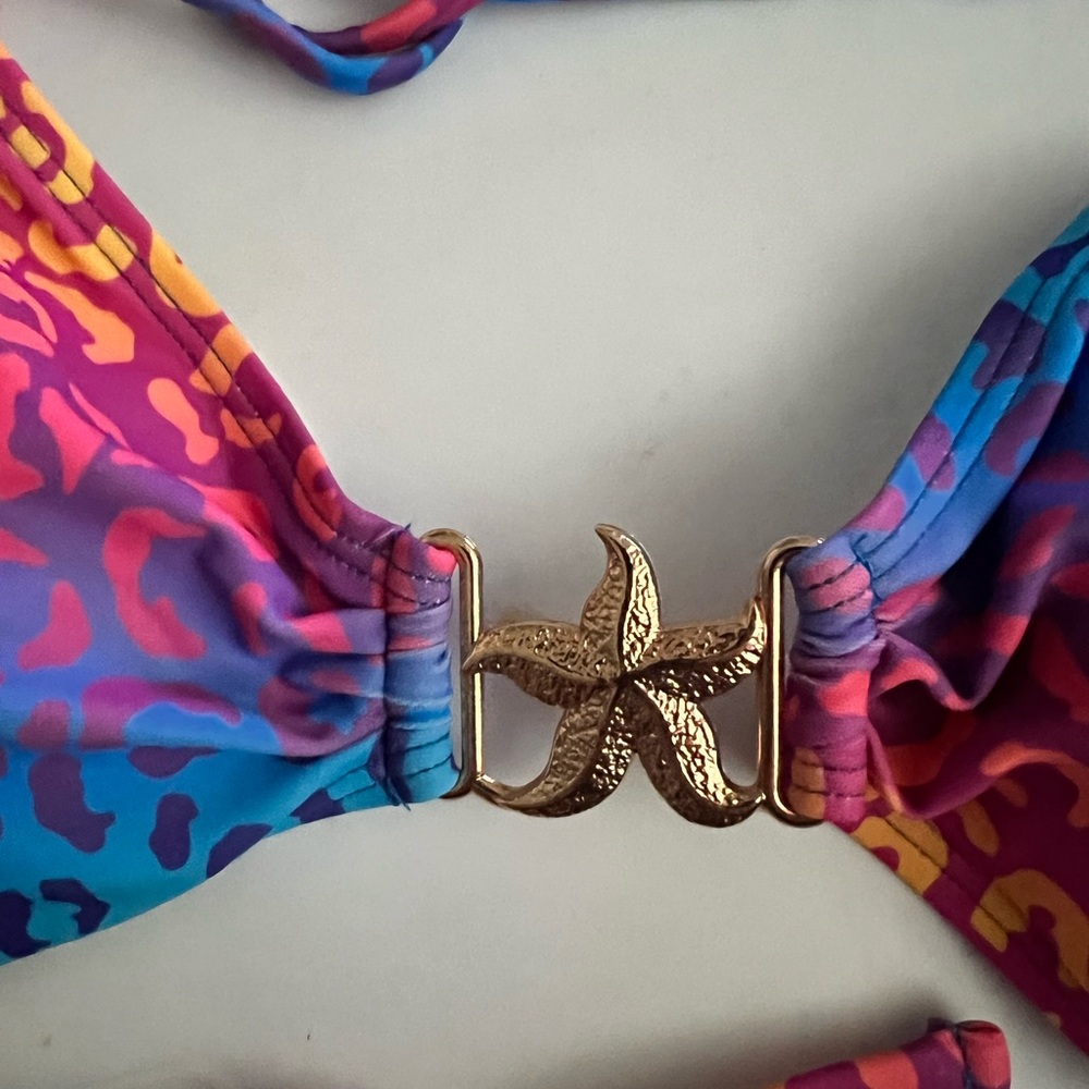 Blue Pink Leopard Halter Starfish Decor Side Tie Bikini Set - Picture 7 of 12